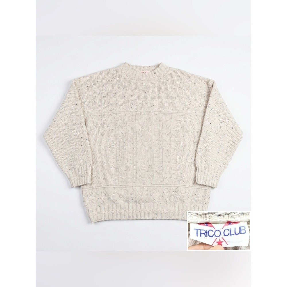 Trico Club Sweater Womens M Cream Vintage Confetti Cable Knit Oversized